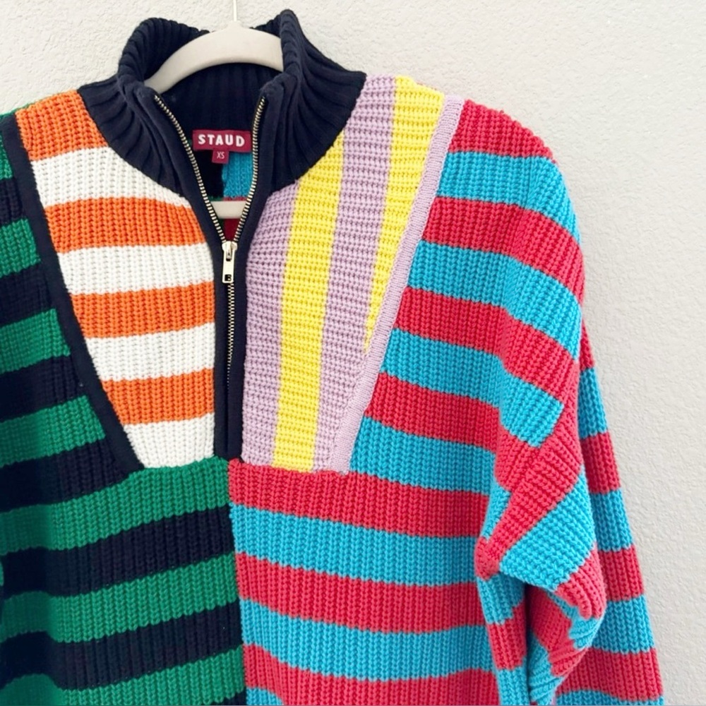 Staud Hampton Sweater Med Chunky Cotton Cabana Stripe Oversized Preppy Colorful - Picture 8 of 12